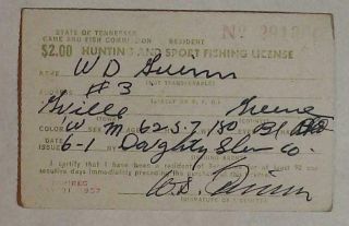 1957 Tennessee Tn Hunting & Fishing License With Federal Duck Stamp Twra A