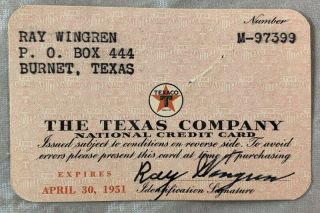 Scarce 1951 Credit Card / The Texas Company / Texaco Oil Gas