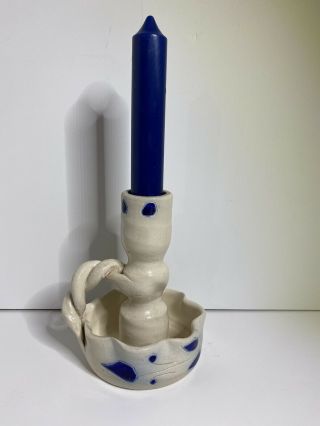 Cobalt Salt Glaze Candlestick Holder Hand Carved Williamsburg Pottery Stoneware