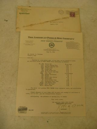 The American Fork And Hoe Co.  True Temper 1934 Letterhead Tools With Prices