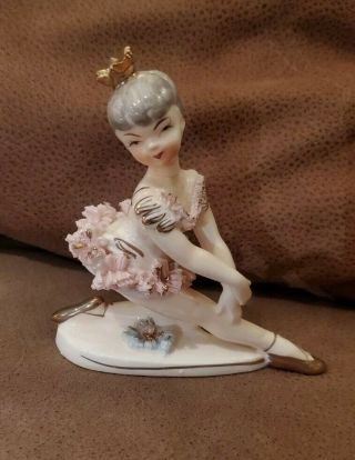 Vintage Ceramic Pink Tutu Dress Gold Trim Ballerina Gold Crown Figurine Girl
