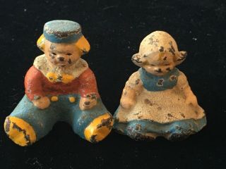 Antique Vintage Painted Cast Iron Miniatures Dutch Boy & Girl Figurines