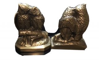 Vintage Brass Owl Bookends Set Pm Craftsman Usa 7” X 5” Tall Paperweight Heavy