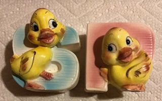 Vintage Very Rare Lefton Sweet Easter Boy & Girl Duck Salt & Pepper Shakers Vgc