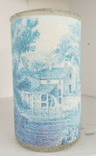 Sugar Frosted Candle Holder Vintage Danish Blue Winter Currier Ives Country Mill