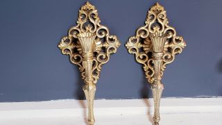 Set Of 2 Vintage Brass Filigree Wall Candle Holders Ornate Victorian 12 "