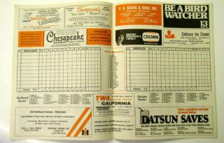 April 1974 BALTIMORE ORIOLES vs OAKLAND A`s BASEBALL PROGRAM SCOREBOOK 3
