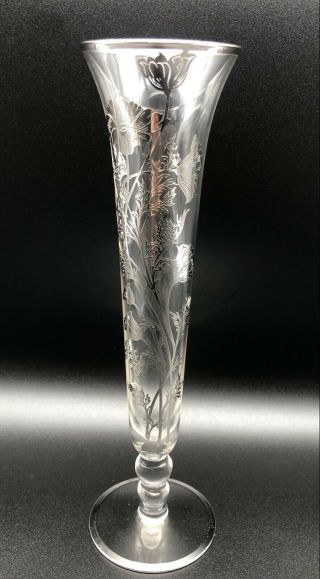 Vintage Clear Viking Glass Bud Vase With Raised Silver Floral Pattern 10” Tall