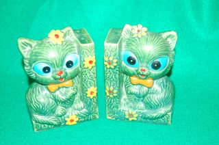 Vintage Kitten Cat Ceramic Painted Book Ends Mid - Century Japan Sand Fillable