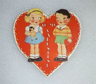 Vtg 1940s Boy & Girl Paper Dolls Cut Outs & Clothes Valentines Day Greeting Card