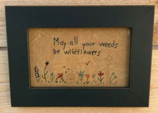 Vintage Handmade Folk Art/primitive Framed " Weeds/wildflowers " Stitched Sampler
