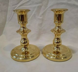 Pair Baldwin Polished Brass Round Base Candlestick Holders 5 " Height Made In Usa