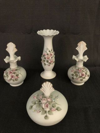 Vintage Lefton White Pink Porcelain Perfume Bottles Powder Jar Vase Vanity Set