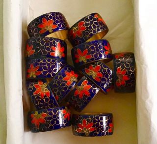 Set 12 Vintage Chinese Cloisonne Napkin Rings Red & Cobalt Blue Floral Brass