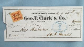 1868 Georgetown Colorado Territory G.  Clark Bankers Check With Revenue Stamp