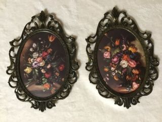 Vintage Oval Convex Glass Ornate Metal Picture Frame Floral Italy 10 X 7 Set / 2