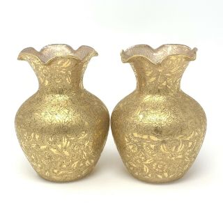 Vintage Ransgil 22k Gold Overlay Glass Vanity Vases Enameled Floral 4” Set Of 2
