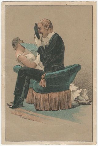 Man & Woman On Dos - A - Dos Love Seat With Hat & Fan Victorian Silver Trade Card