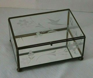 Vintage Etched Glass Brass Footed Trinket Box Mirror Birds Flowers 7 X 5 X 3 "