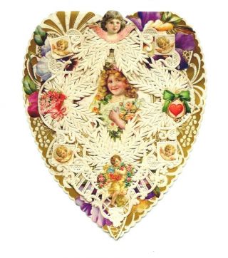 Victorian Valentine,  Paper Lace,  Girl,  Cupids,  Hearts,  Intricate Designs,  Embossed