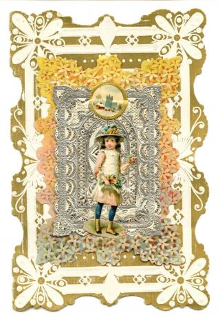 Victorian Valentine,  Paper Lace,  Girl In Hat,  Silver Border,  3 Layers,  Castle