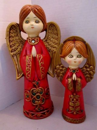 2 Vintage Paper Mache Angel Figures Japan.  Christmas.  Red Robe Gold Wings 8 " &11 "
