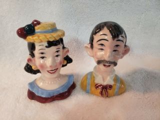 Vintage Double Four - Eyed Man & Woman Salt & Pepper Shakers Nov Co Japan C.  1950 