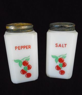 Vintage Salt And Pepper White Milk Glass Tipp City Usa 4 " Cherries