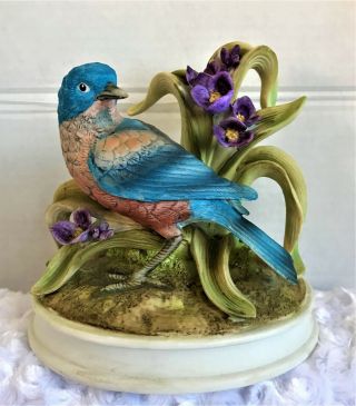 Blue Bird Andrea By Sadek - Porcelain Figurine - 6” Tall With Purple Flowers
