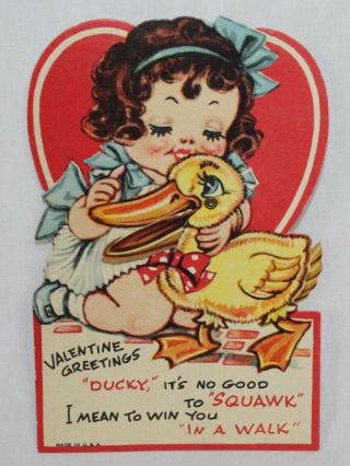 Vintage Mechanical Valentine Day Card Moving Girl With Baby Duck Child Video