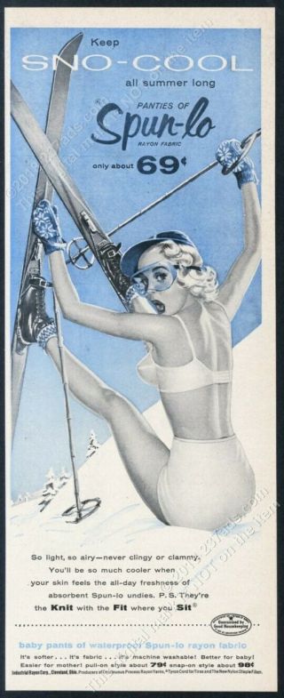 1955 Woman Skiing In Lingerie Pinup Art Spun - Lo Panties Bra Vintage Print Ad