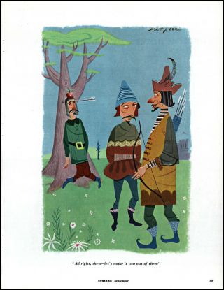 1953 Robert J.  Lee Comic Art Print Medieval Archery Gone Wrong Apple Head L36