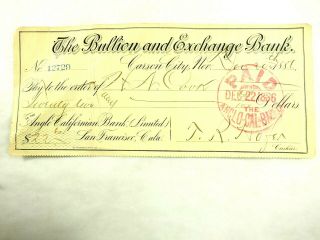 The Bullion And Exchange Bank Carson City Nevada Bank Draft 1886