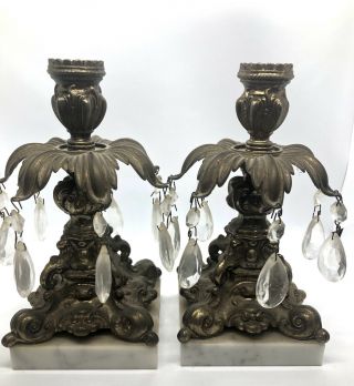 Vintage Pair Ornate Brass Candlestick Holder Crystal Prism Marble Base 8 "