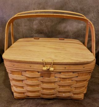1994 Signed Longaberger Picnic Basket With Lid/button And Plastic Liner