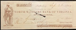 1860 Pre Civil War North Western Bank Of Virginia $431.  67 Vignette Bank Check