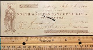1860 PRE CIVIL WAR NORTH WESTERN BANK OF VIRGINIA $431.  67 VIGNETTE BANK CHECK 2