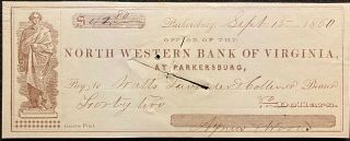 1860 Pre Civil War North Western Bank Of Virginia $42.  80 Vignette Bank Check