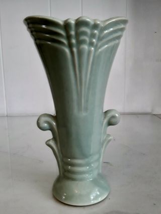 Vintage Celadon Green Art Deco Pottery Vase Flared Top 7 " High Side Swirls