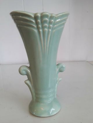 Vintage Celadon Green Art Deco Pottery Vase Flared Top 7 