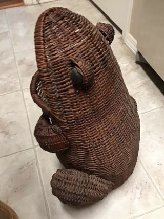 Vintage Wicker Rattan Frog,  Toad Mama With Baby Mid Century Basket