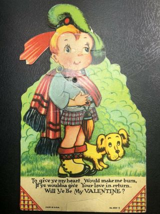 Vintage Mechanical Valentine Card Irish Boy & Dog 1930’s “make Me Burn” Usa