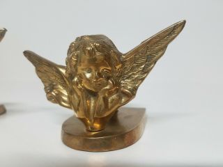 Vintage Solid Brass Pondering Cherub Heavenly Angels With Wings Candle Holders 2