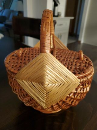 Vintage Wicker Basket Double Lids And Handle 2 Color Weave
