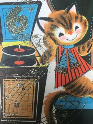 Vintage Birthday Greeting Card Kitten Cat Gold Glitter Record Player Music 6th