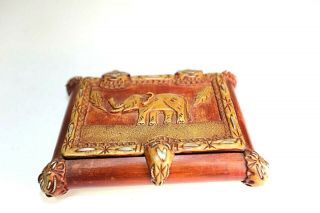 Elephant Jewelry/trinket Box Hand Carved Wooden And Brass Vintage Made In Peru