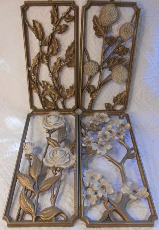 Vintage Dart (homco) Set Of 4 Seasons Wall Plaques Gold And Ivory Floral