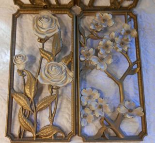 Vintage Dart (HOMCO) Set of 4 Seasons Wall Plaques Gold and Ivory Floral 3