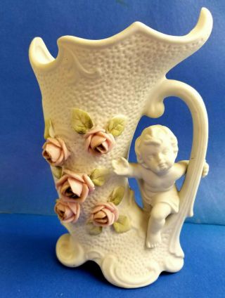 Vintage Ucagco Porcelain Cherub Boy Bud Vase With Pink Roses Design 6 " Tall