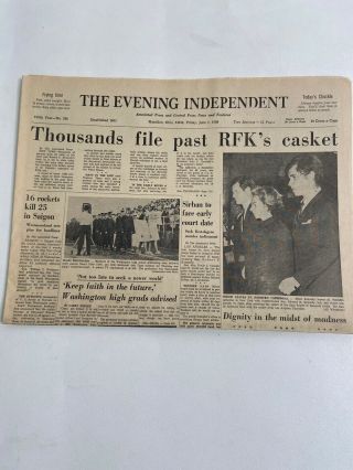 Robert Kennedy Assassination June 7th 1968 The Evening Independent Newspaper